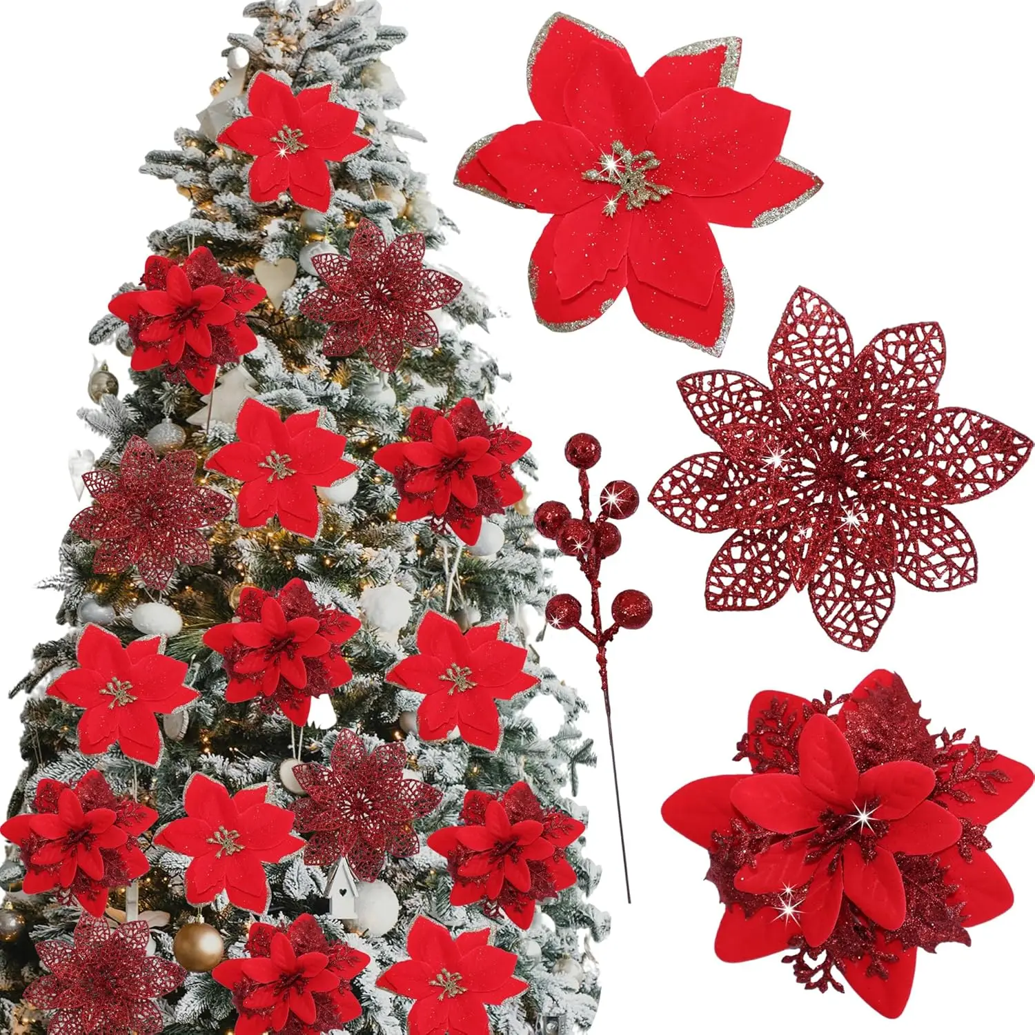 

48 Pcs Fake Poinsettia Glitter Flowers with Clips for Christmas Tree, Red Artificial Holiday Decor