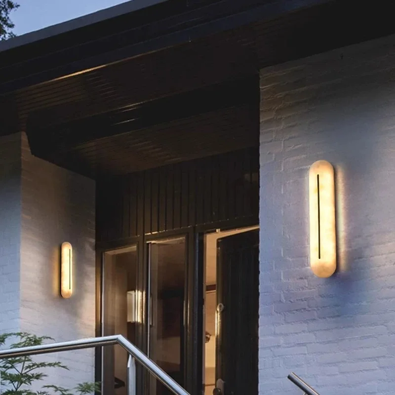 

American Spanish Natural Marble Wall Light, Dimmable Long Brass Lustre Sconce for Bedroom, High-End Indoor Lighting Fixture