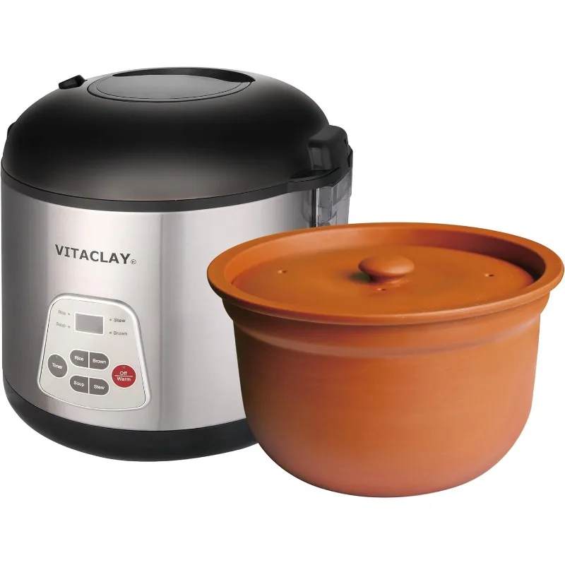 Vitaclay Smart وعاء طبخ الأرز الطيني العضوي والطباخ البطيء، وعاء كهربائي من الطين الخالي من السموم، طباخ بطيء، صانع الحساء، وعاء الحساء، 6 كوب/3.2 لتر