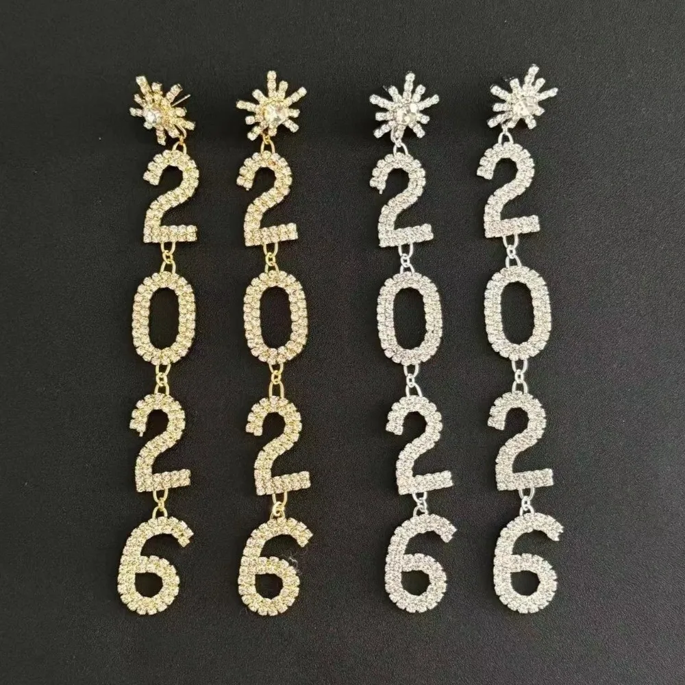 الجمالية 2026 أقراط حجر الراين قطرة طويلة سنة جديدة سعيدة أقراط ندفة الثلج لامعة كريستال أقراط الحفلات قلادة