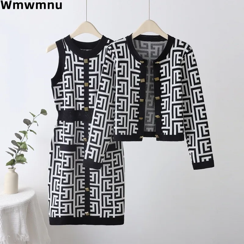 Elegant Women Knitted 2 Piece Sets Korea Soft Vintage O-neck Cardigan Coats Tops Outfit Casual Sexy Sleeveless Dress Ensemble