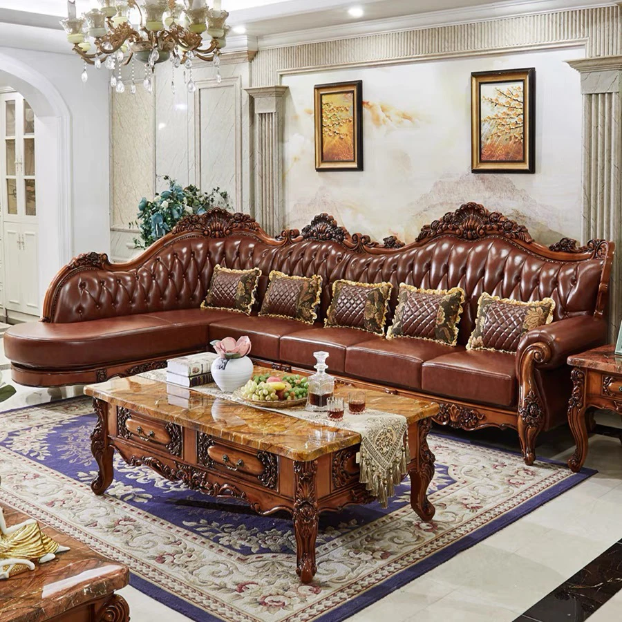 Royal european style luxury genuine leather wood L shape sofa couch set Ll-shape sofas couches for  living room furniture home