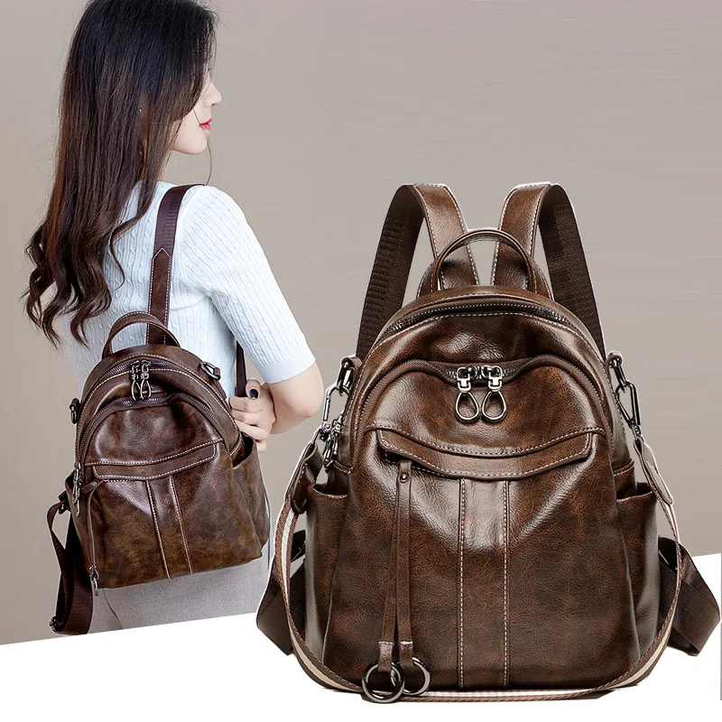 Women‘s Backpack 2024 New PU Oil Wax Leather Retro Style Women Shoulder Bag Fashion Girls Student Knapsack C9855