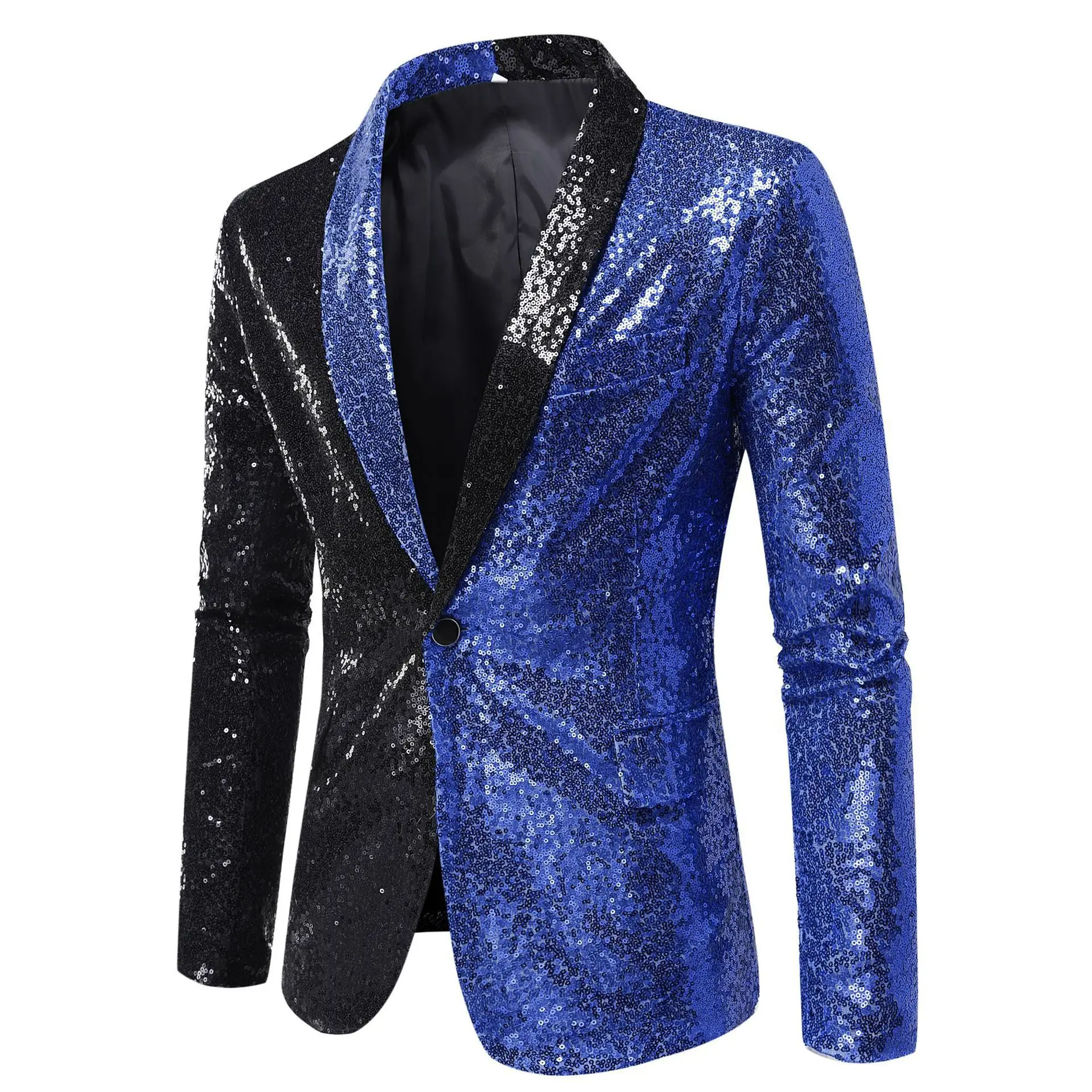 Bar Nightclub Male Singer Splice Color Blazer Coat  Gold Black Sequins Glitter Stage Tuxedo Banquet Party Host Chorus Costume image 3
