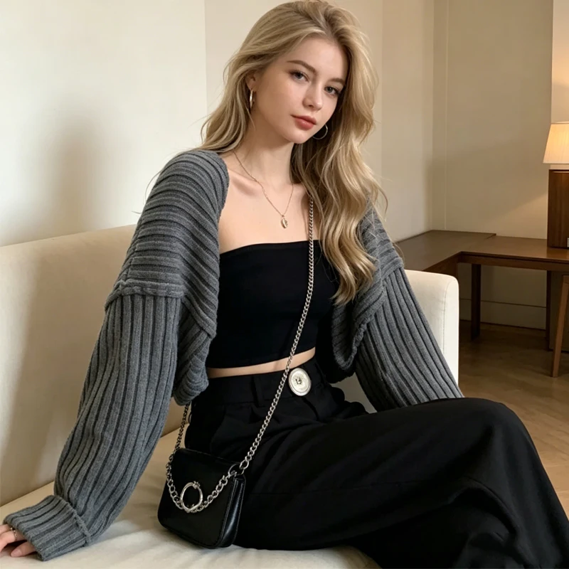 Fashion Korean Style Bat Sleeve Loose Crop Sweater Spring Autumn Sexy Short Knitted Cardigan Simple Solid Color Short Knitwear