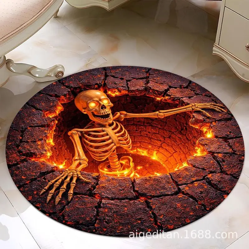 VIKAMA 3D Halloween Skeleton Round Rug, Spooky Optical Illusion Non Slip Floor Mat for Indoor Holiday Decor Carpet