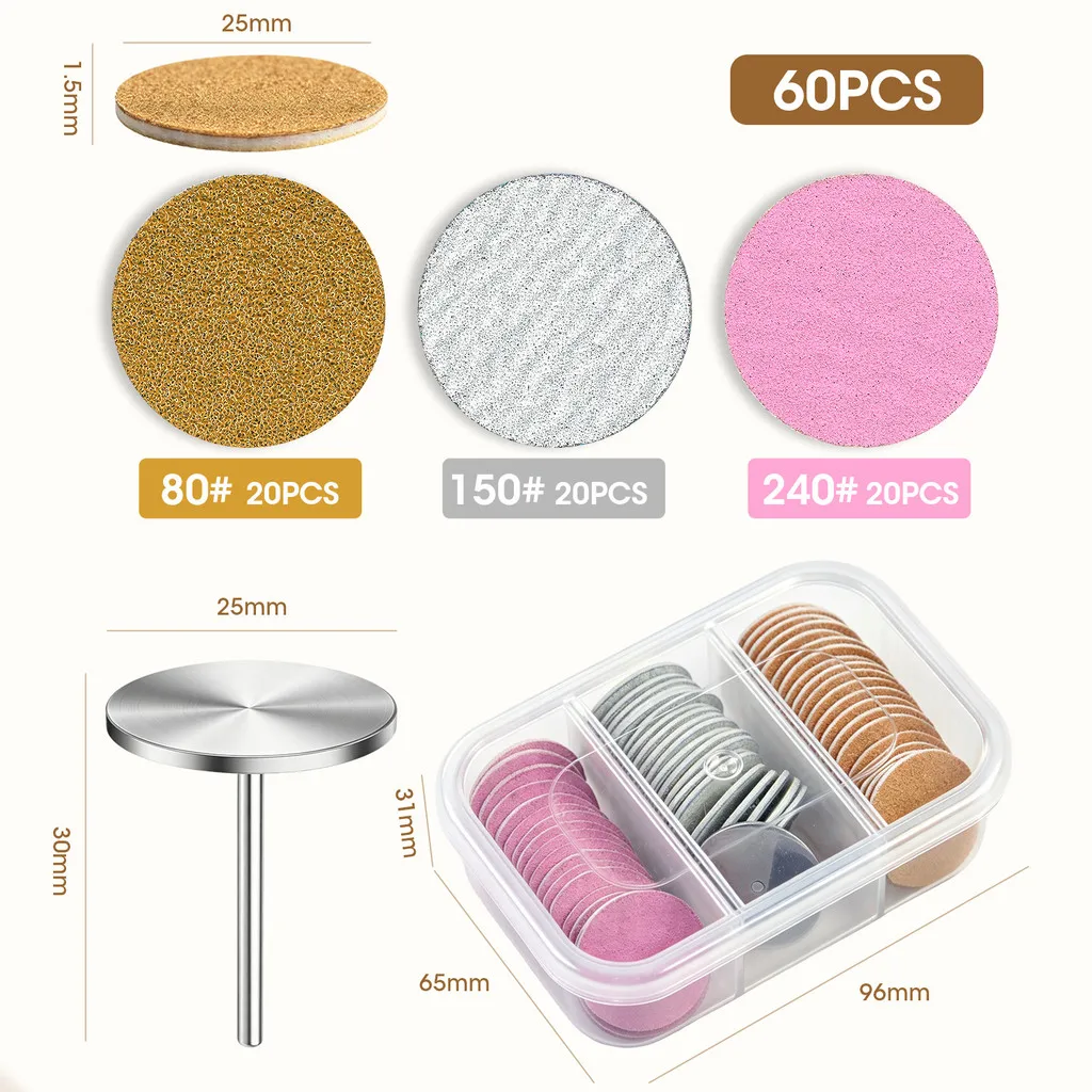 60Pcs 20/25mm Sandpaper Disc with Metal Nail Drill Bit #80 #150 #240 Grit Foot Sanding Disc for Manicure Pedicure view 4