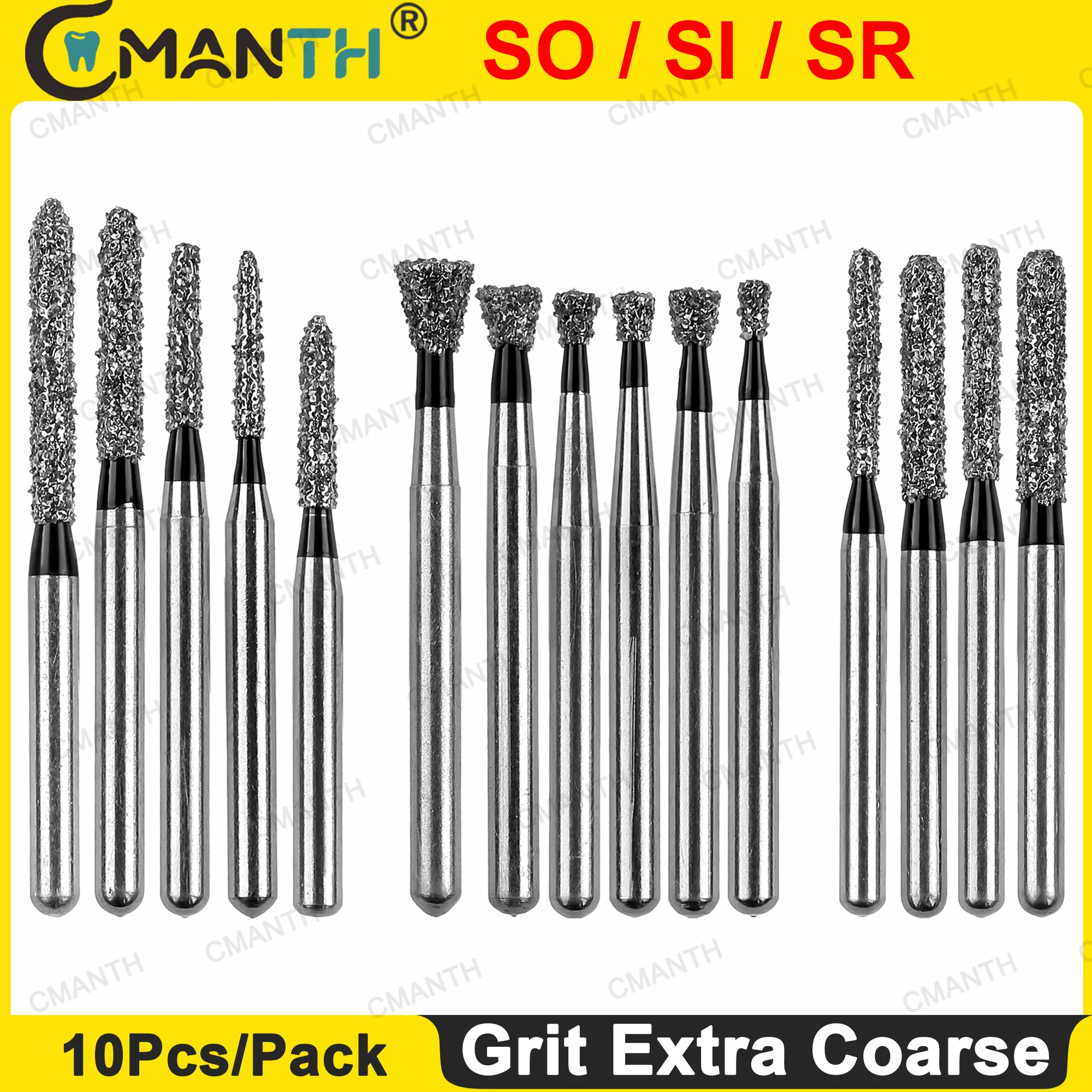 

Dental Bur Diamond Burs For High Speed Handpiece Friction Grip FG 1.6mm Bur Grit Extra Coarse SO / SI / SR 10pcs/Pack