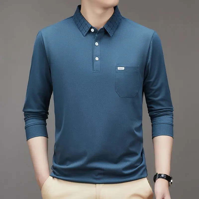 Spring Autumn Fashion Solid Color POLO Collar Tees Men\'s Clothing Pullovers Long Sleeve Casual Loose Button Simplicity Shirts