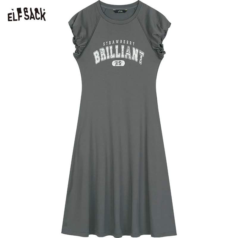 ELFSACK 2024 Summer New Arrivals Letter print grey sports style sexy casual slim T-shirt dress for women