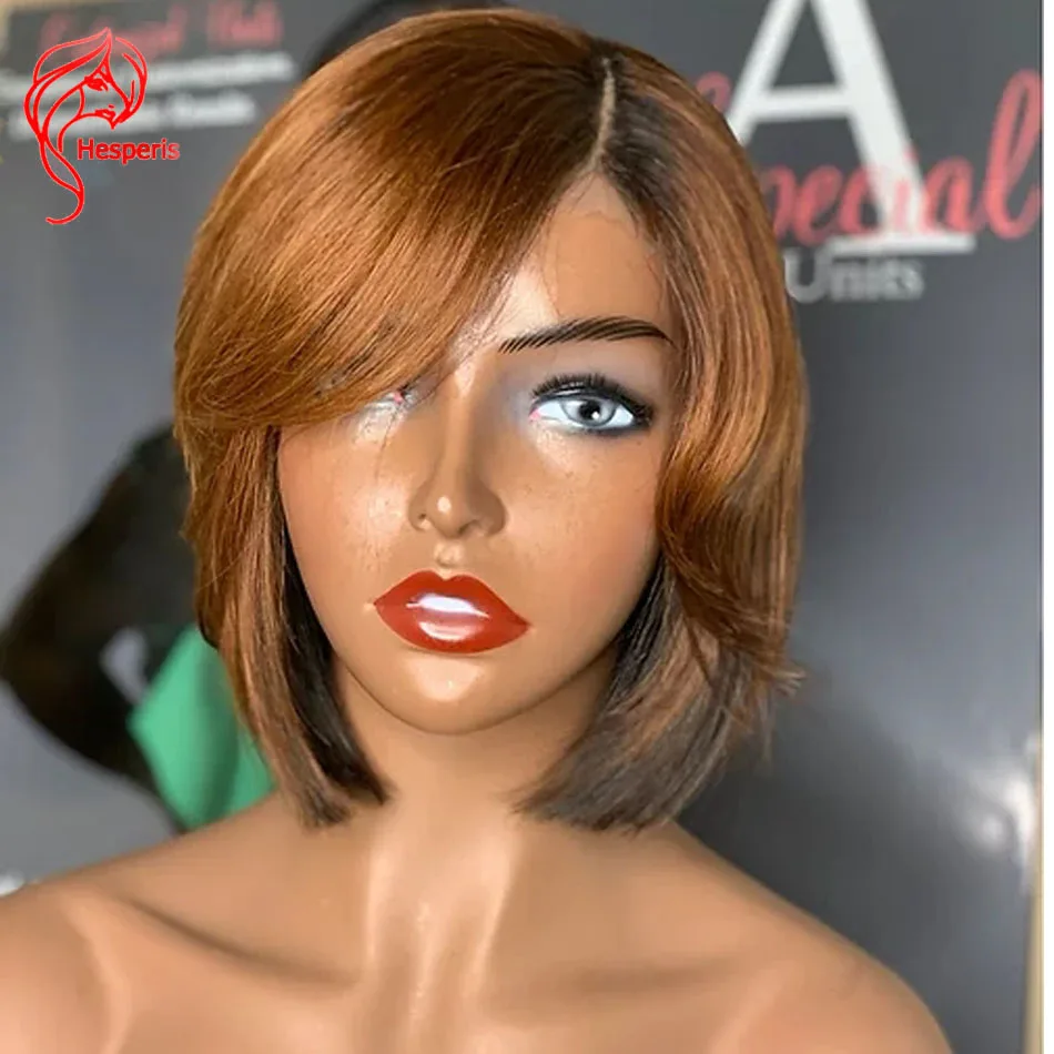 Hesperis Blonde Highlight Human Hair Wig Pre Plucked Brazilian Remy 13x6 Short Bob Lace Front WigWith Side Bang For Black Women