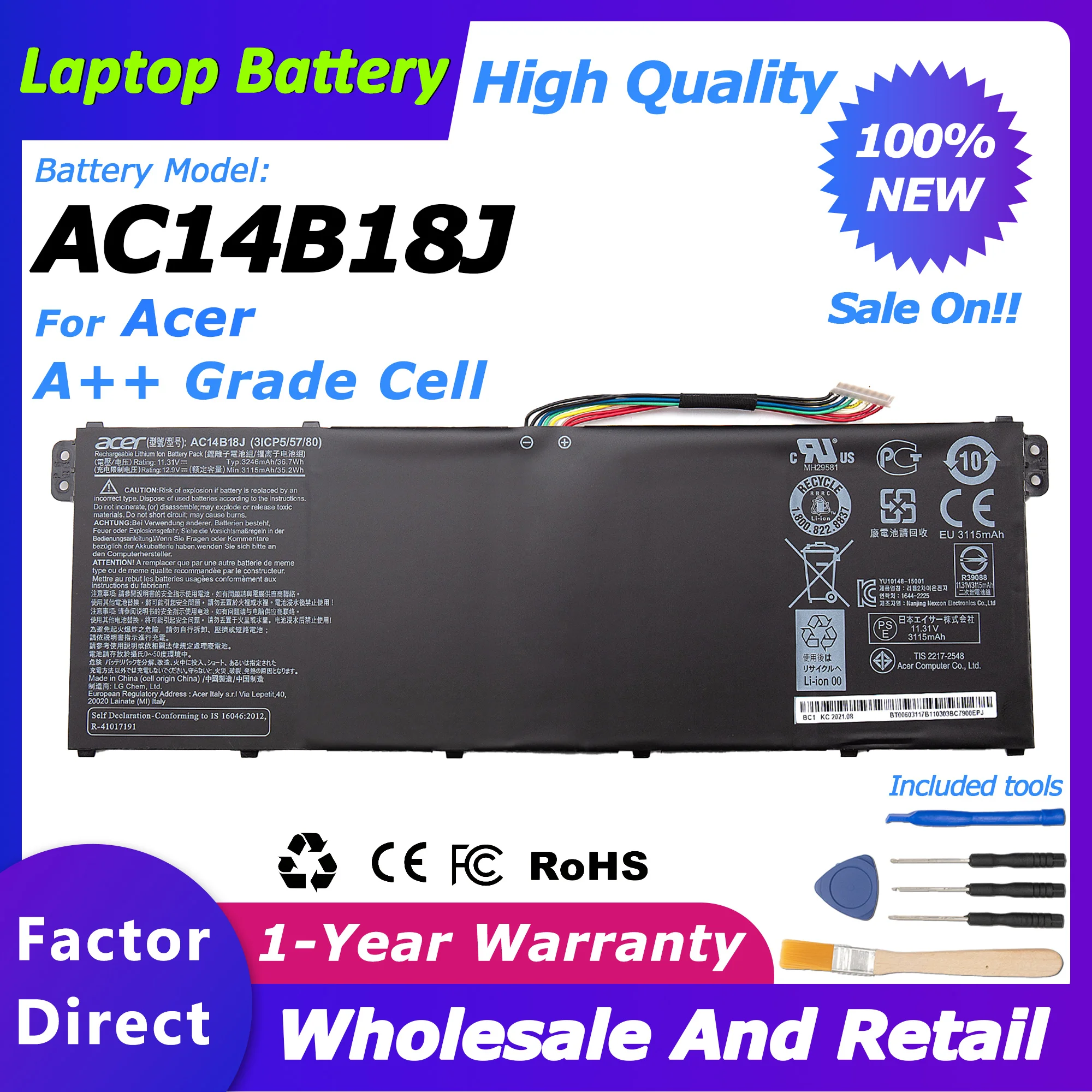 AC14B18J Genuine AC14B13J Battery for Acer Aspire V5-132P V3-112 Series ES1-511 ES1-512 Laptop Battery 3220mah/36wh