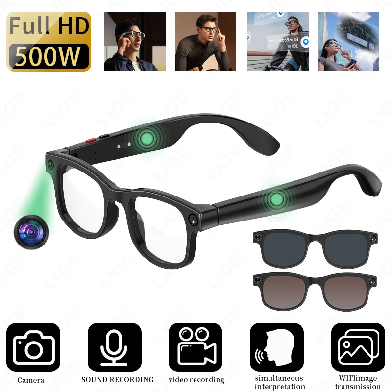

LIGE 500 Вт HD камера умные очки видео Bluetooth вызов 270 мАч аккумулятор AI голосовой перевод мужские солнцезащитные очки Wi-Fi передача подарок