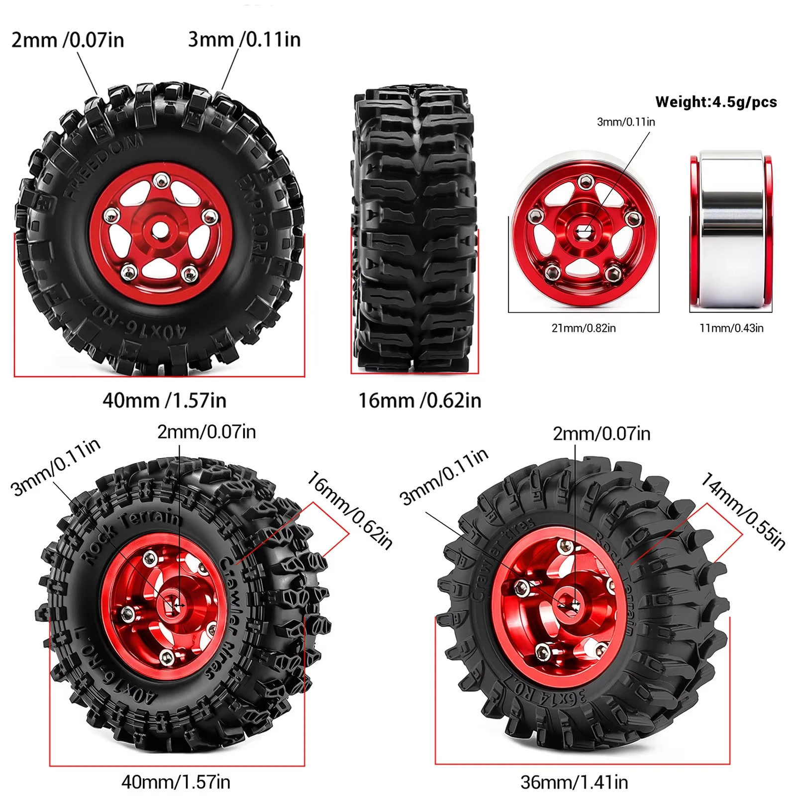 4pcs 0.7 inch 36/40mm Rubber Tire & Beadlock Wheel Rim Hub Set for 1/30 Axial SCX30 Jeep Wrangler JLU Ford Bronco RC Crawler Car