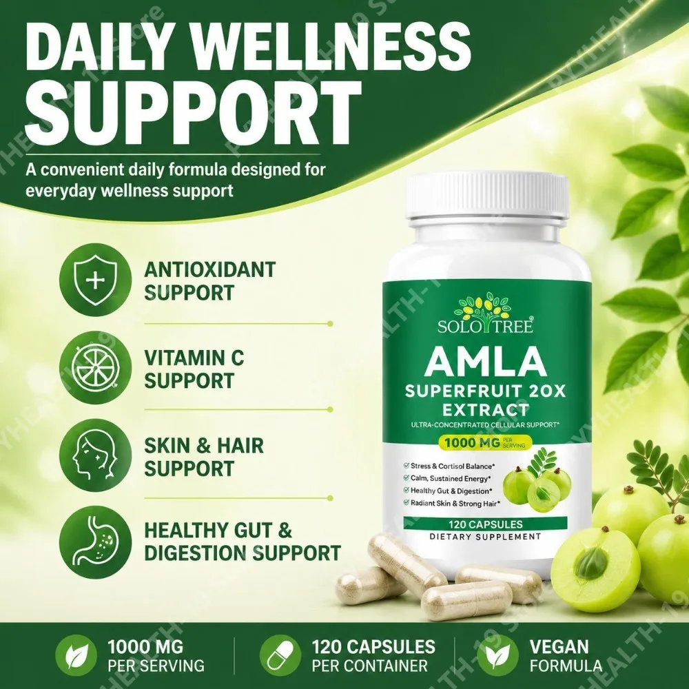 SOLO TREE Amla Superfruit 20X Extract Capsules 1000mg For Stress Energy Gut Skin & Hair Wellness Support, Adult, 120 Count
