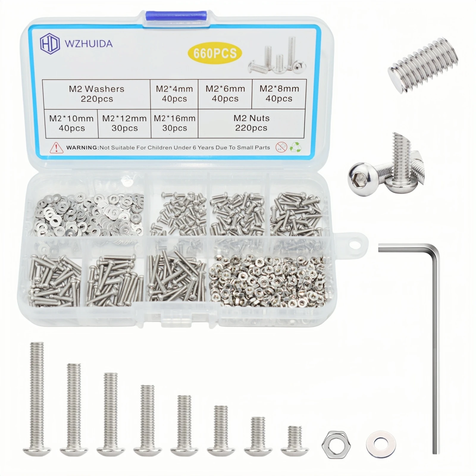 WZHUIDA 660pcs M2 304 Stainless Steel Hex Hexagon Socket Allen Button Head Screw Bolt Nut Assortment Kit ISO7380