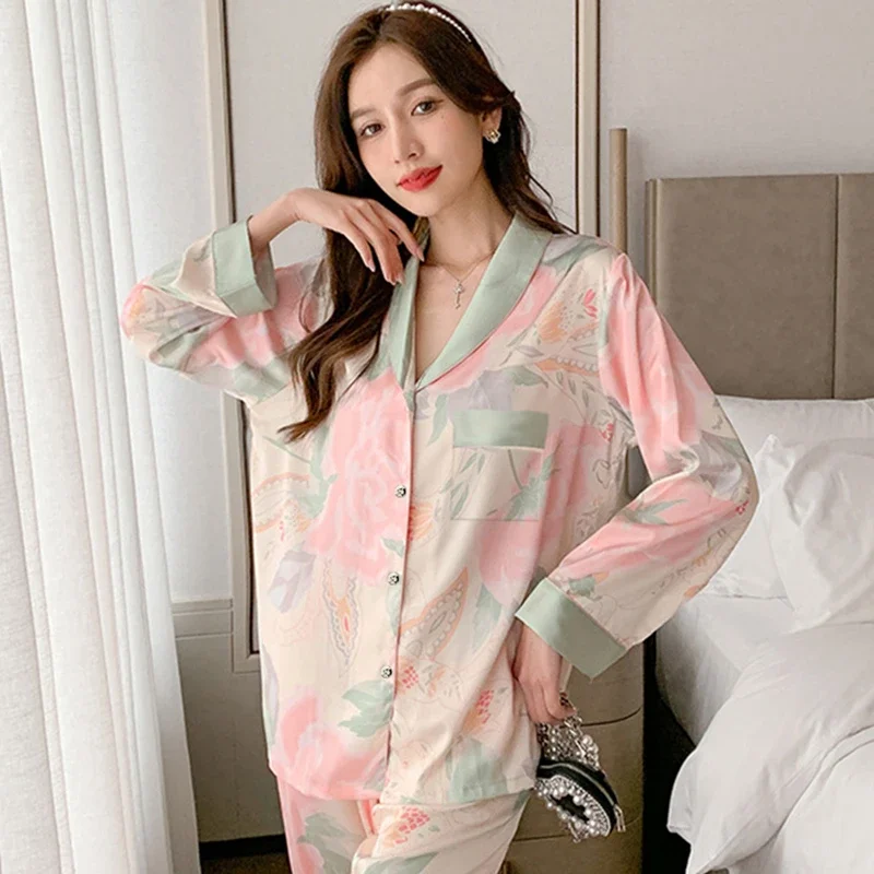 Spring Summer Faux Silk Pajamas for Women Lapel Cardigan Lounge Sets Womens 2 Piece Sweet Floral Home Wear Soft Sleepwear Pjs