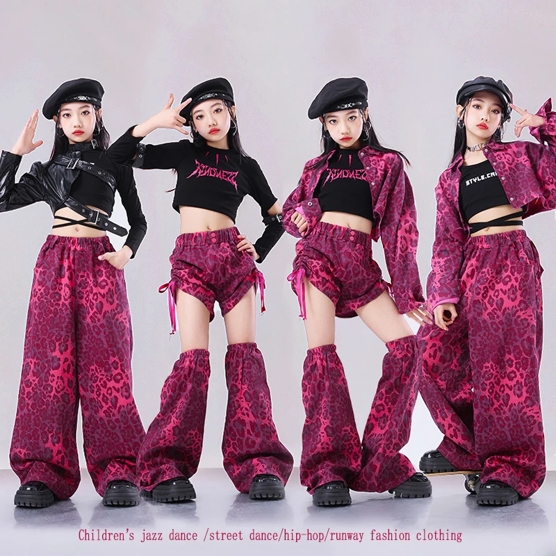 

New Girls Jazz Dance Clothes Kpop Crop Tops Pink Leopard Sets Hip Hop Costume Kids Group Performance Wear Stage Clothing BL14586