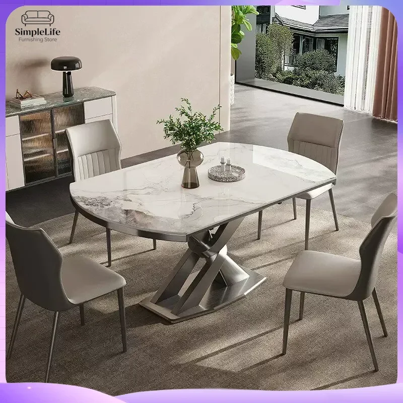 Italian Minimalist Slate Dining Table Retractable Square to Round Small Apartment Gray Steel Frame Extendable Kitchen