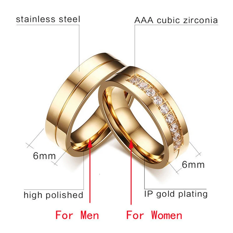 Trendy Wedding Bands Rings for Women / Men Love Gift Gold Silver-color Stainless Steel CZ Promise Couple Charm Jewelry Wholesale