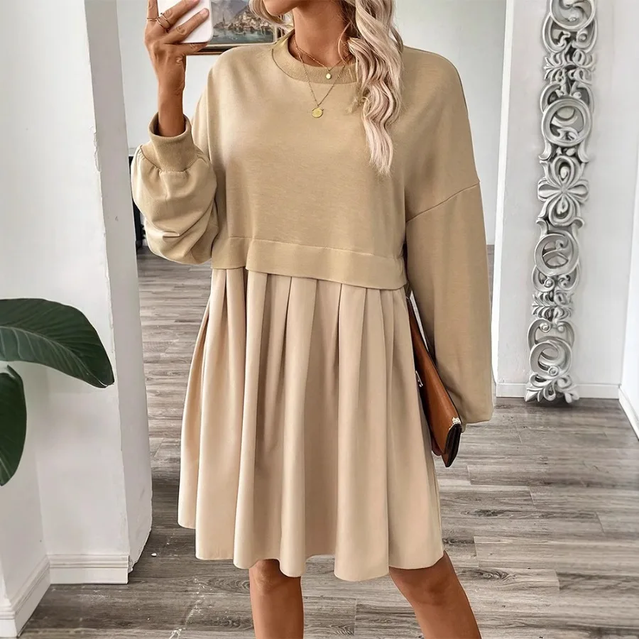 

【New style】 autumn and winter women's clothing solid color long-sleeved spliced hoodie dress temperament commuting