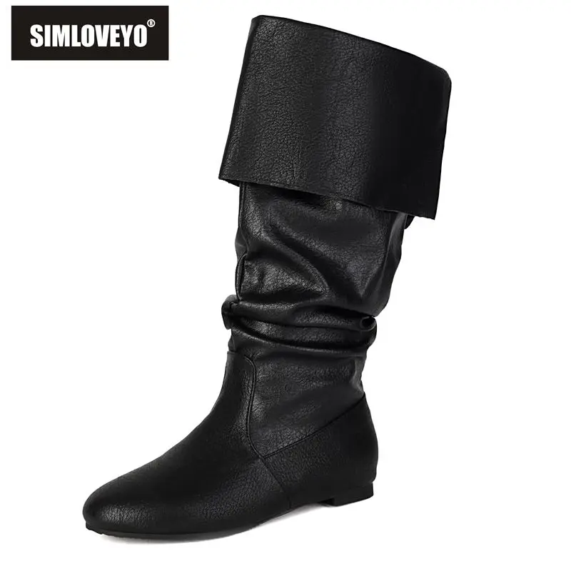 

SIMLOVEYO Роскошные женские ботинки до середины икры в стиле ретро с круглым носком на плоской подошве без шнуровки, большой размер 45, 46 47 48 Повседневные повседневные женские ботильоны