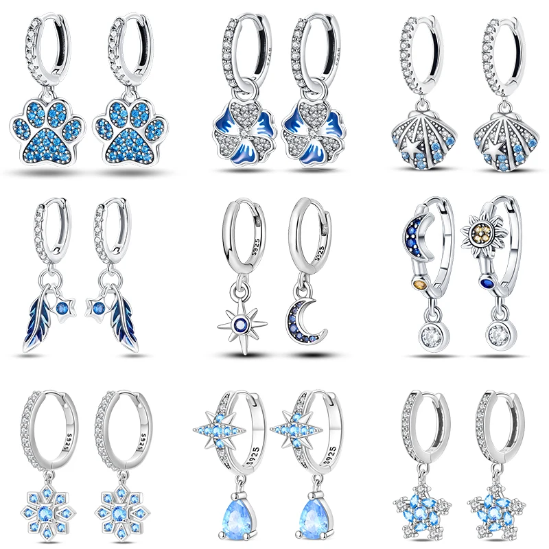 Original 925 argent bleu Zircon capteur de rêves plume étoile lune mignon griffe boucles d'oreilles pour les femmes beaux bijoux d'anniversaire cadeaux
