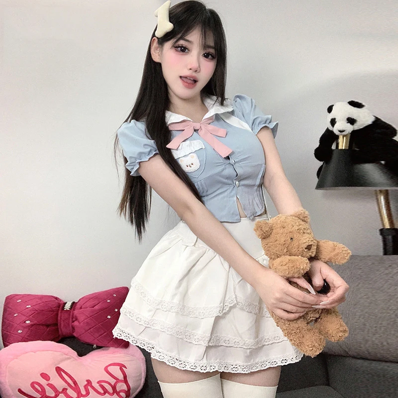 Elegant Kawaii Lolita Peter Pan Collar Bow Shirts Women Summer Sweet Puff Sleeve Blouses Y2k E-Girl Slim Fit Blue Blusas Sets