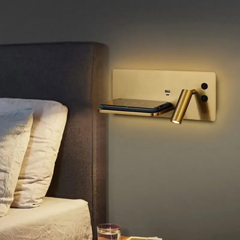 Gold Luxury Reading Wall Light Home Hotel Bedroom Wireless Charger Board USB Charger Outlet Dual Switch Led Light Fixtures