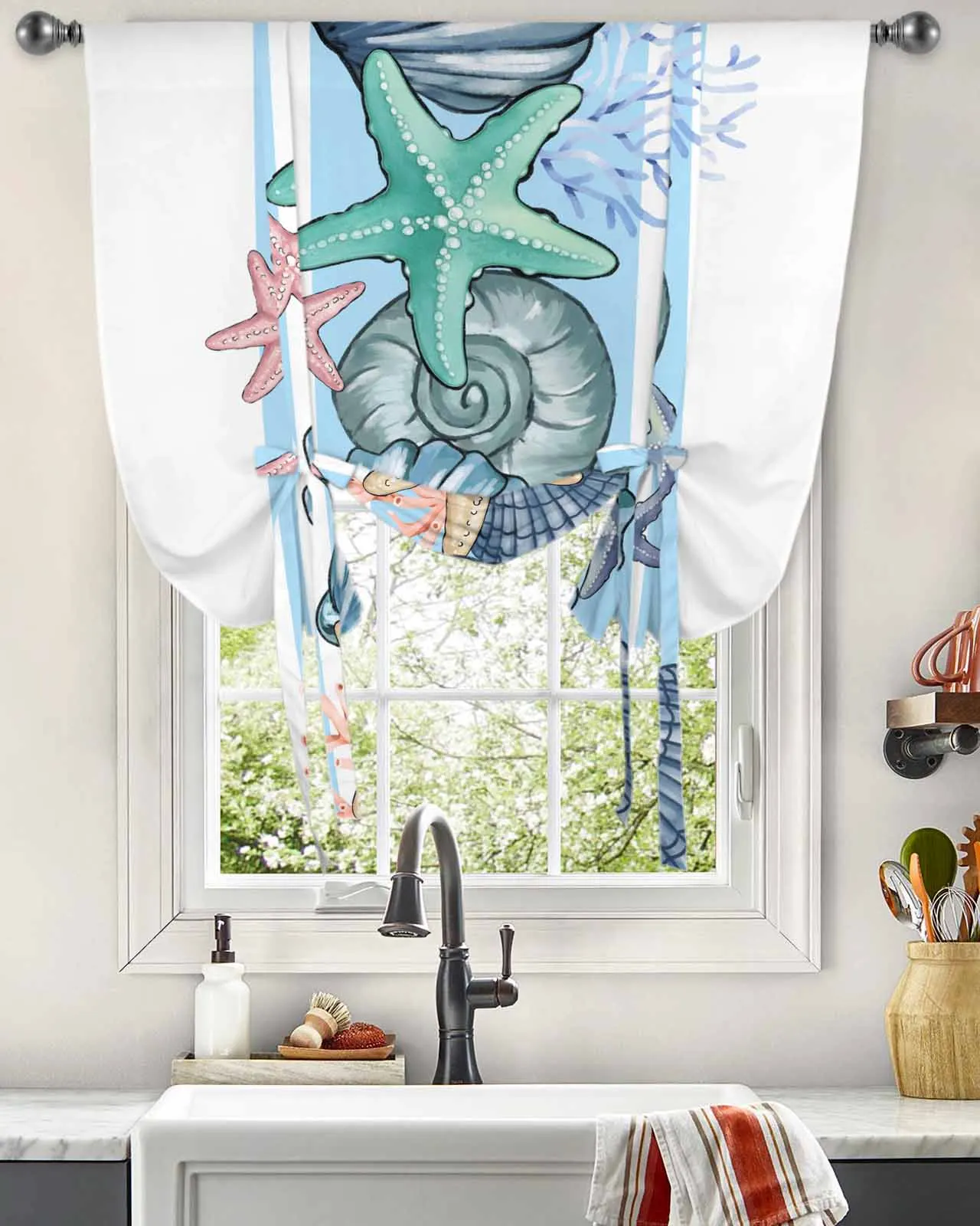 

Ocean Summer Shell Starfish Coral Watercolor Window Curtain for Living Room Home Blinds Drapes Kitchen Tie-up Short Curtains