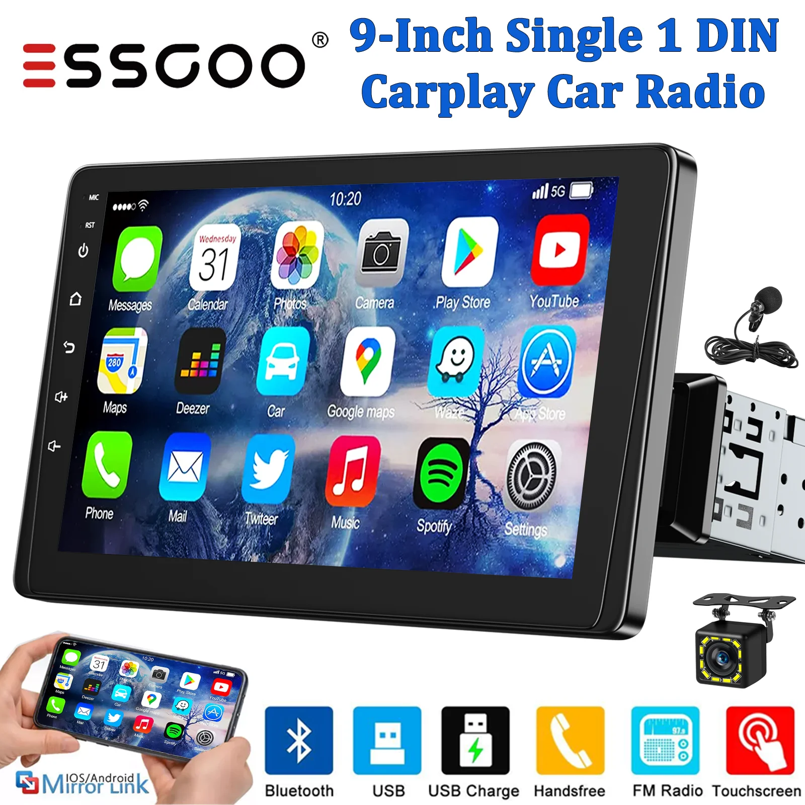 

ESSGOO 9" Single 1 Din Car Stereo Radio Touch Screen Wireless Apple CarPlay & Android Auto MP5 Player Head Unit Bluetooth FM SWC