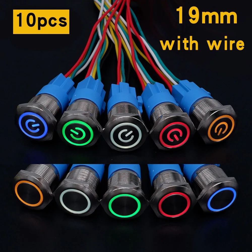 

10pcs 19mm Push Button On Off Power Start Stop Car Ignition Waterproof Switch Led Light Fixation Reset With Socket Flat 12V 220V