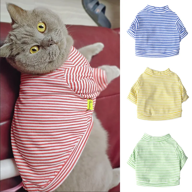 Spring Summer Cat Clothing Soft Cotton Pet Pullovers Shirt for Cats 4 Colors Striped Kitten Vest Pajamas Pets Clothes Outfits