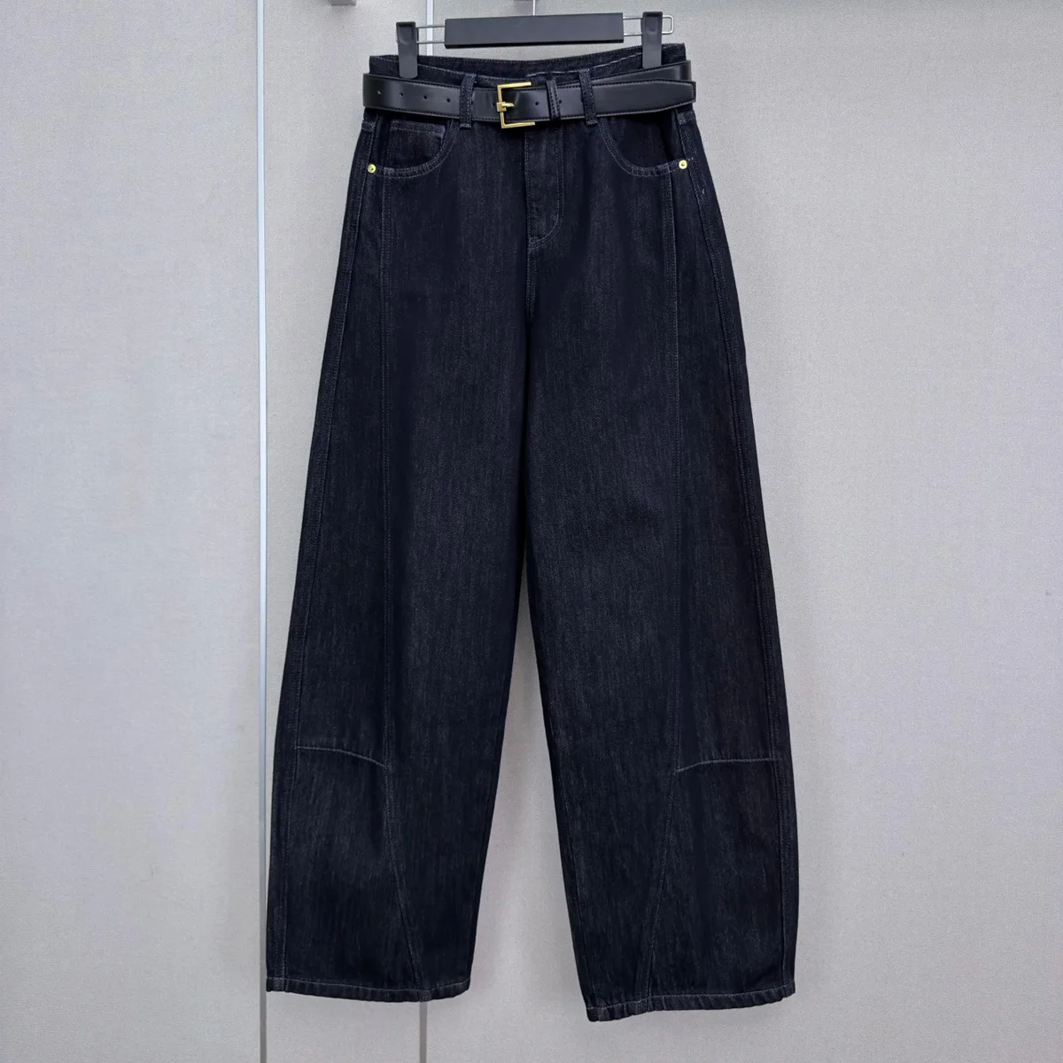 High Quality Women Dark Blue Split Seam Wide Leg Jeans, High Waist Loose Long Trousers With Belt lyt261012164
