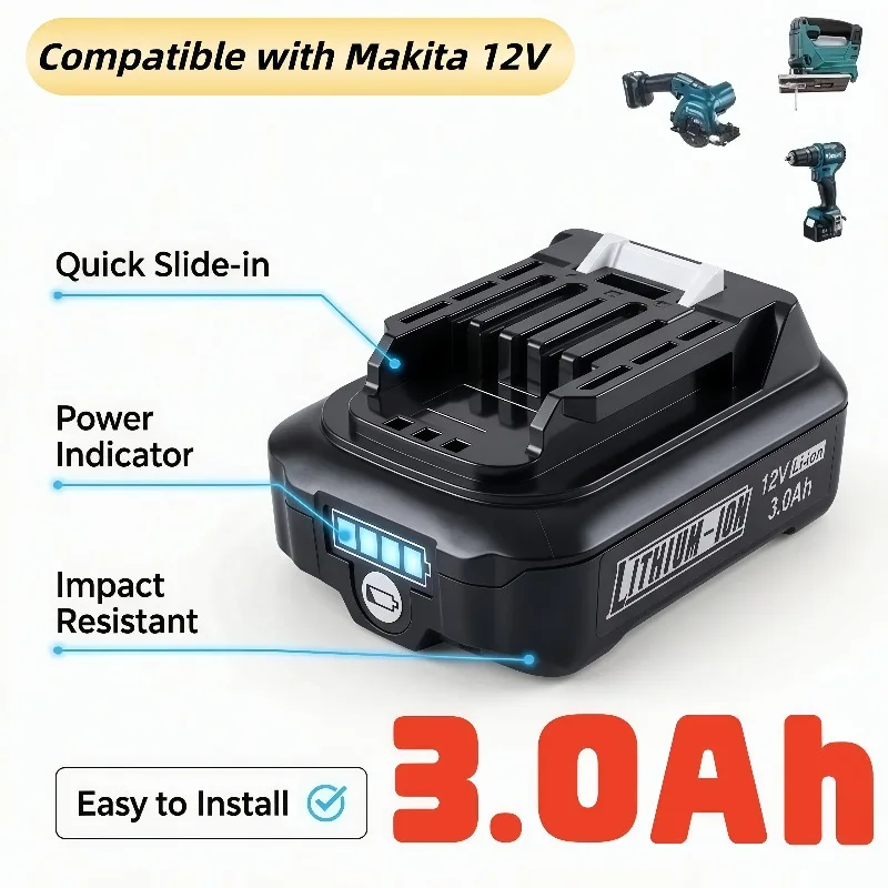 Rechargeable Power Tool Lithium Battery 12V 3.0Ah Compatible Makita BL1021B BL1020 BL1016 BL104 DF331D BL1021