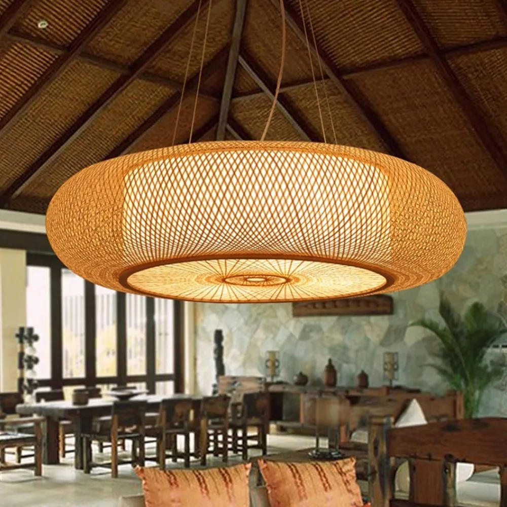 Handmade Rattan Woven Vintage Bamboo LED Pendant Lamp Shade 50CM Chandelier for Living Room Kitchen and Home Decor Hanging Lamp