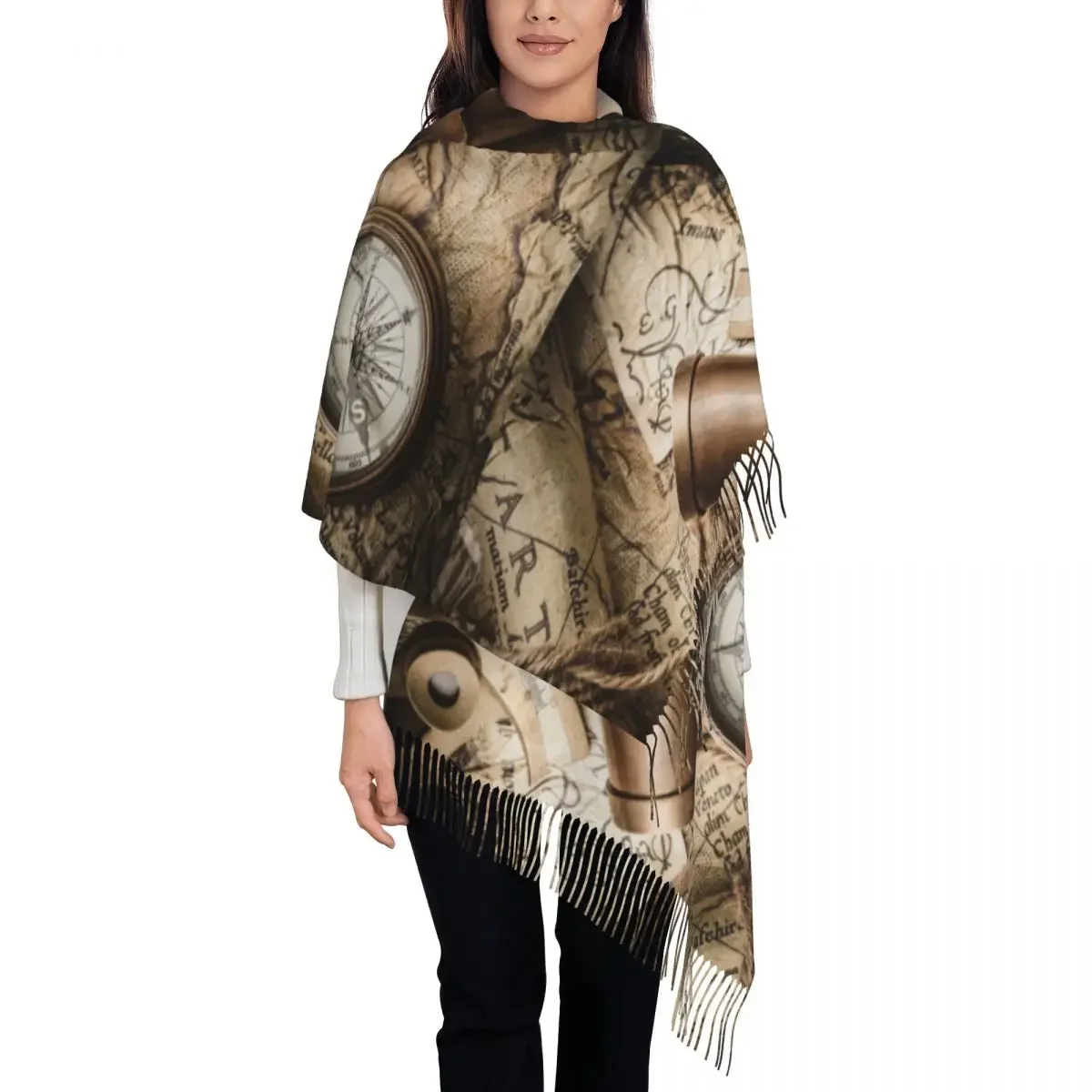 Vintage Compass Sextant Spyglass And Old Map Women's Pashmina Shawl Wraps Fringe Scarf Long Large 