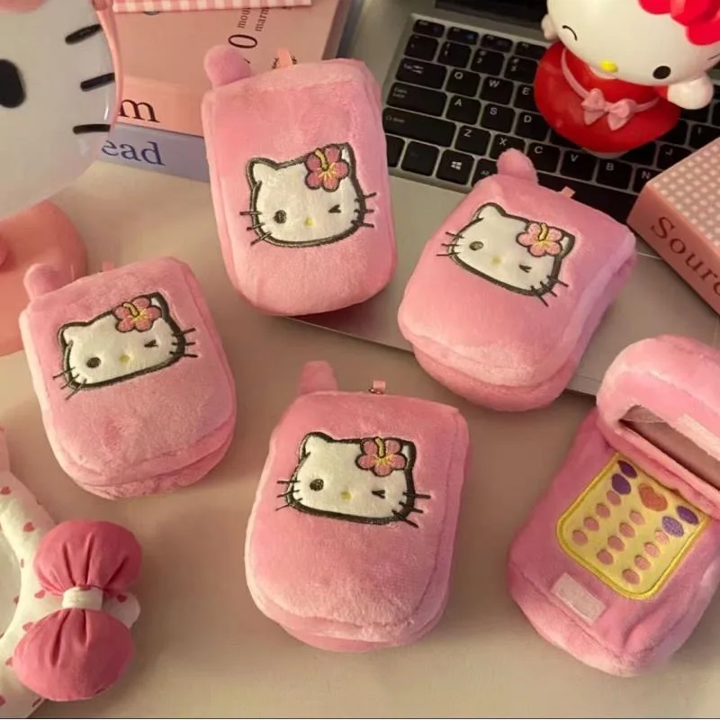 Cute phone doll Sanrio Hello Kitty plush pendant, pink retro millennial style cartoon keychain bag jewelry, suitable for girls