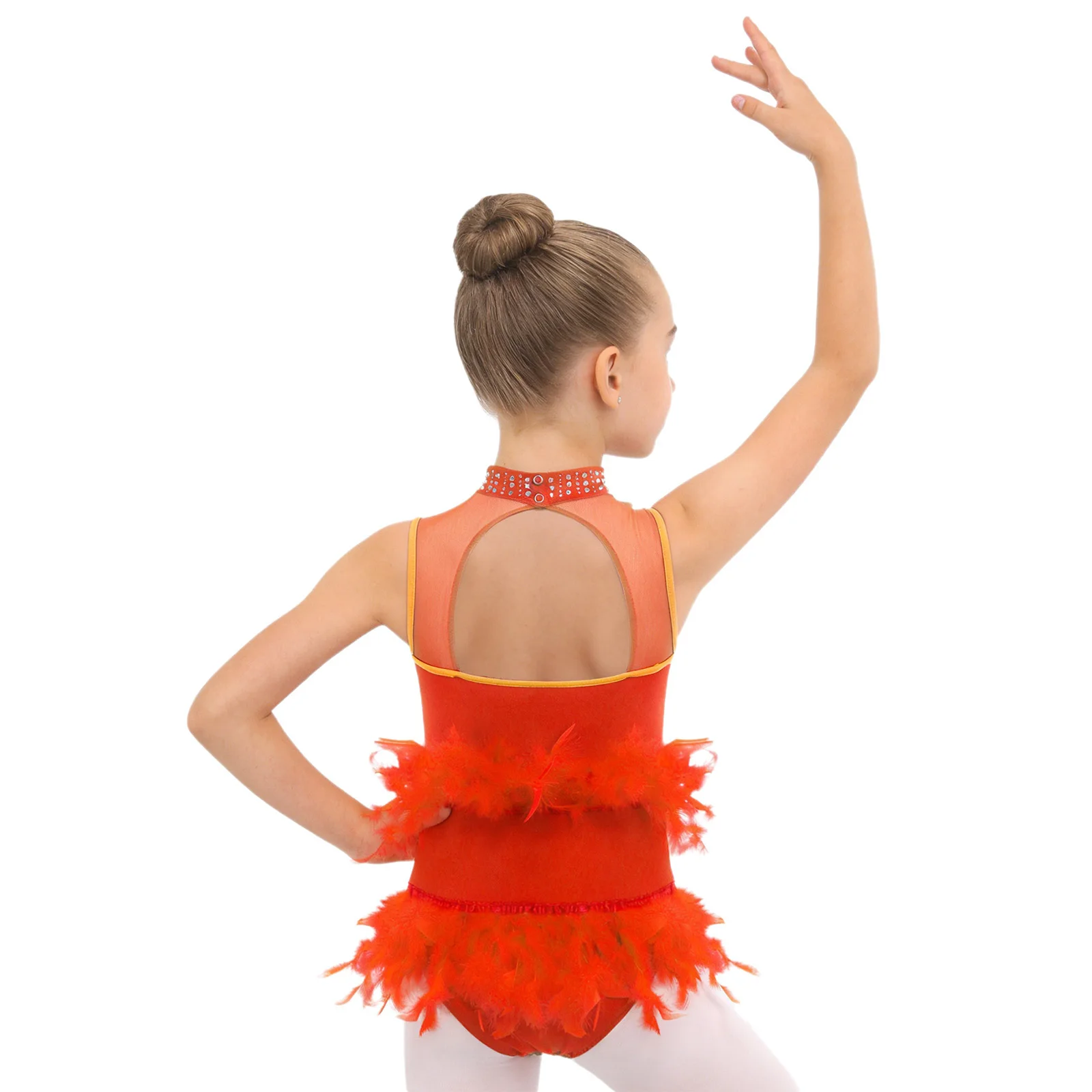 Kids Girls Latin Ballet Dance Costume Bodysuit Mock Neck Sleeveless Mesh Patchwork Shiny Rhinestone Leotard Modern Dancewear - view 2