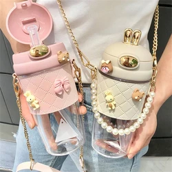 Cute Rabbit Ear Plastic Water Bottles With Straw For Girls Kids Portable Strap Student Bottle With Cup Cover Anti-drop BPA Free