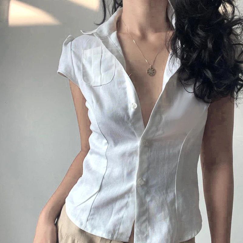 Darlingaga Fashion Chic White Slim Women Blouse Top Short Basic Solid Buttons Puff Sleeve French Korean Shirt Girls Kawaii 2025