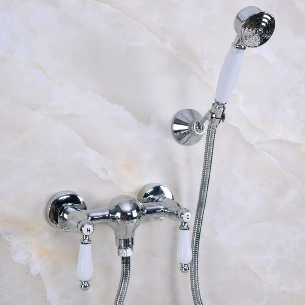 

Contemporary Chrome Brass Wall Mounted Bathroom Shower Faucet Set with 150CM Hose Handheld Spray Head Mixer Tap Dna282