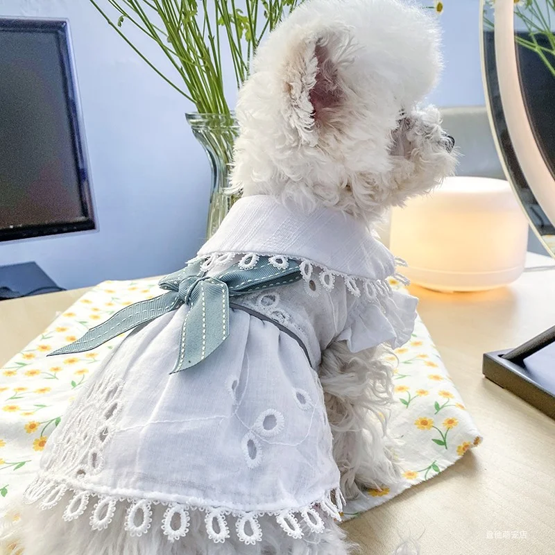 1PC Pet Clothing Dog Spring/Summer/Autumn Thin White Hollow out Style Princess Flying Sleeve Dress For Small Medium Dogs