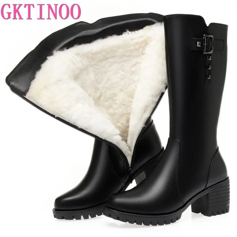 GKTINOO Genuine Leather Knee High Boots For Women Thick Heeled Winter Large Size Warm Wool Shoes Woman Motorcycle Boots Long