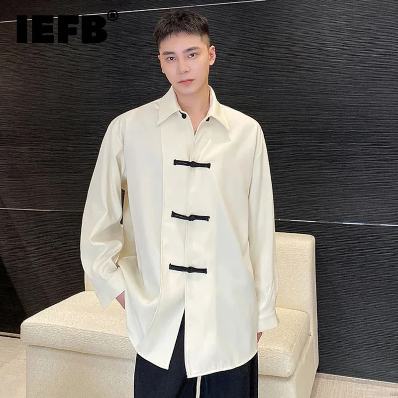 

IEFB Chinses Style Men's Shirts Knot Button Patchwork Turn-down Collar Long Sleeve Contrast Color Male Tees New Trend 9A1040