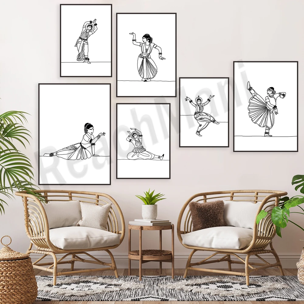 Indian traditional dancer line poster living room home decoration poster wall art canvas painting frameless wall picture