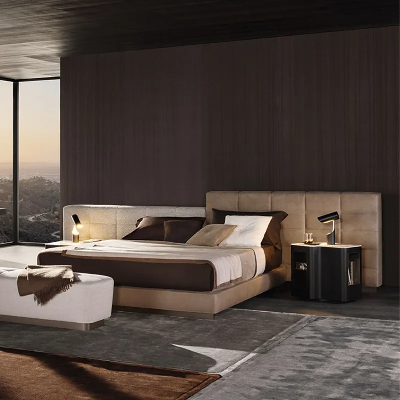 Italian minimalist widescreen bed high-end  meters villa large soft  matte fabric leather bed