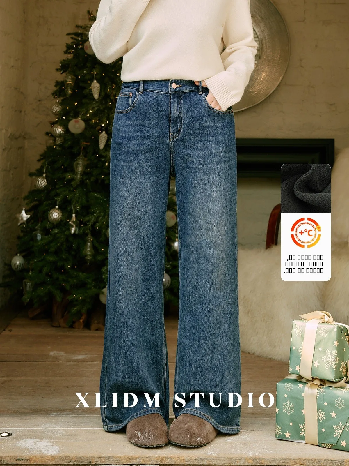 

XLIDM plus Size Women's Fce Lined Wide Leg Jeans Elastic Waist Cover Butt Straight Cut Winter Casual Denim Pants