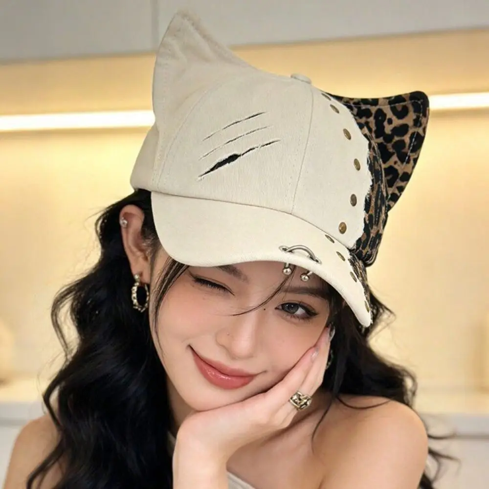 3D Cat Ears Design Baseball Cap Visor Rivet Detail Adjustable Visor Cap Leopard Print Punk Style Visor Hat For Women