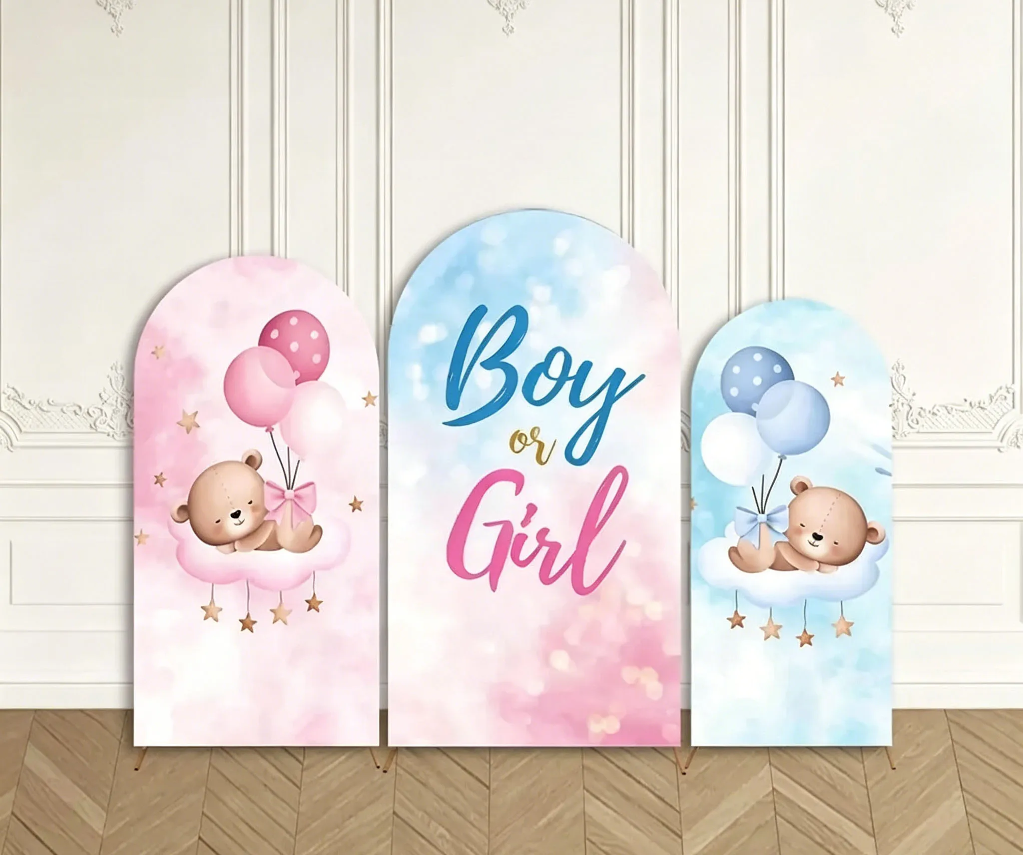 Custom 2-Side Boy or Girl Gender Reveal Baby Shower Arch Backdrop Cover Pink and Blue Sweet Bear Birthday Party Decor Backdrop
